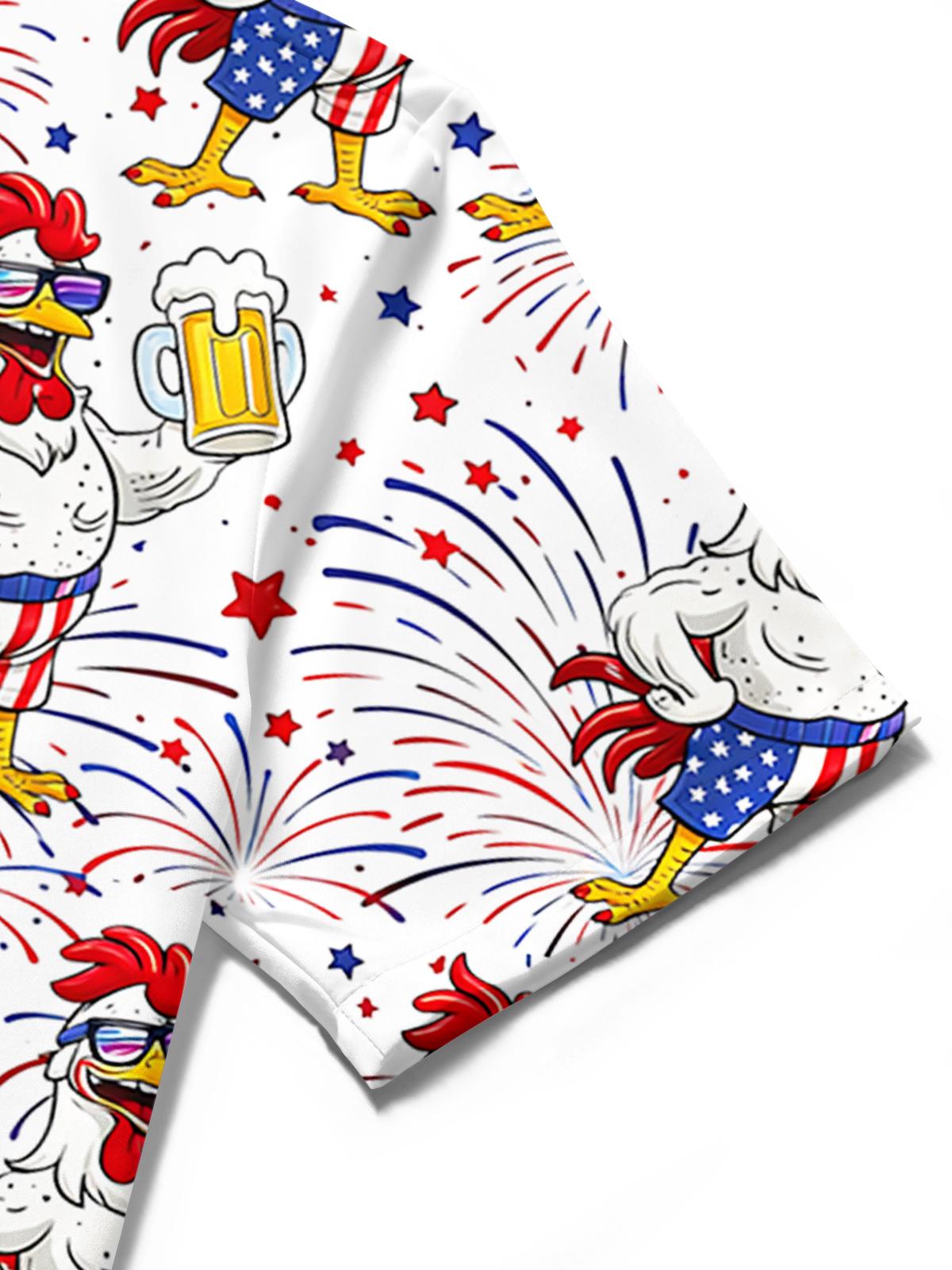Men's American flag beer cartoon chicken print short sleeve shirt close-up detail