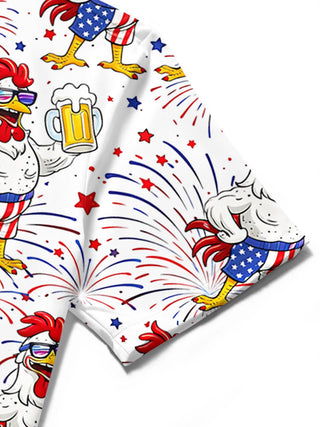 Men's American flag beer cartoon chicken print short sleeve shirt close-up detail
