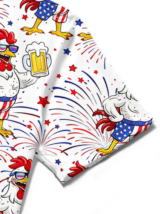 Men's American flag beer cartoon chicken print short sleeve shirt close-up detail