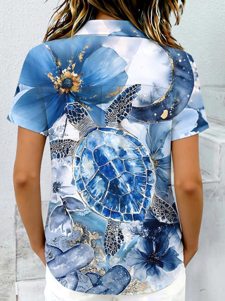 Hawaiian Sea Turtle Floral Women's Short Sleeve Shirts