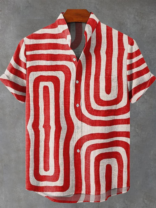 Men red abstract print short sleeve shirt front view