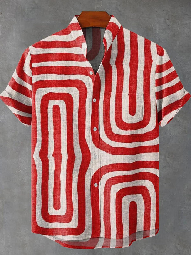 Men red abstract print short sleeve shirt front view
