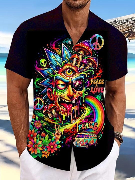 Dark Psychedelic Colorful Abstract Hippie Mushroom Peace And Love Men's Pocket Short Sleeve Shirts