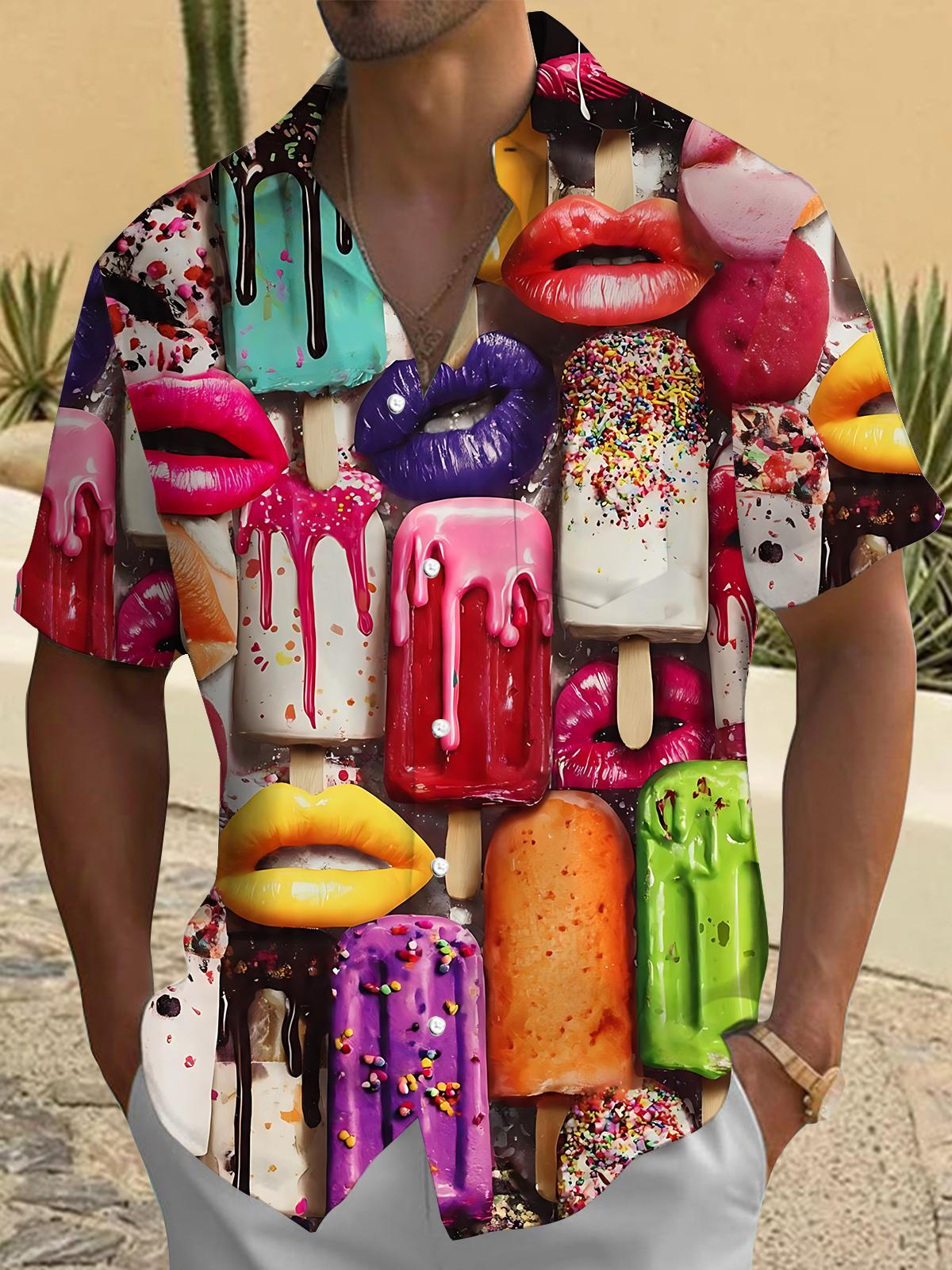 Lip Popsicle Print Men's Pocket Short Sleeve Shirts