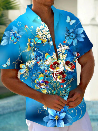 Men's floral short sleeve Hawaiian shirt front view for tropical beach vacation