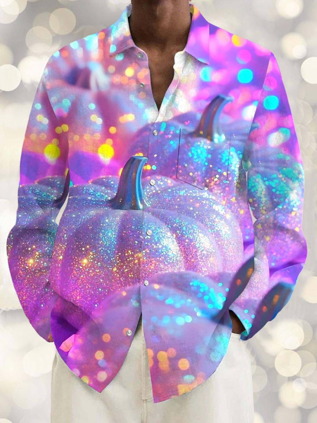 Gradient Pumpkin Print Men's Pocket Long Sleeve Shirts