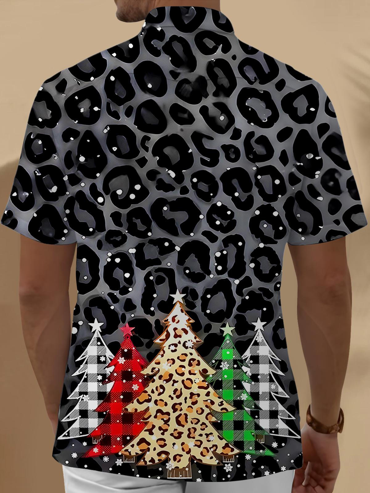 Leopard Christmas Tree Men's Pocket Short Sleeve Shirts