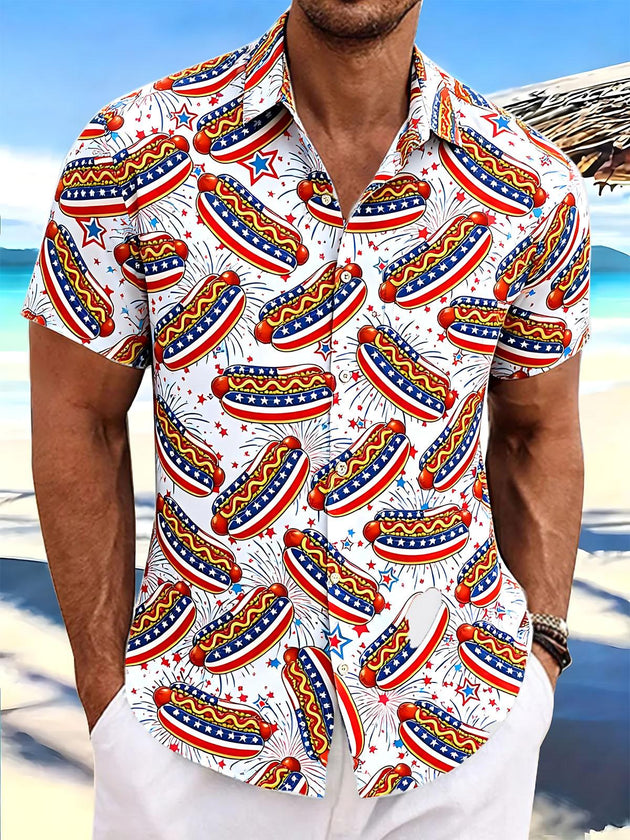 Independence Day American Flag Hot Dog Print Men's Pocket Short Sleeve Shirts