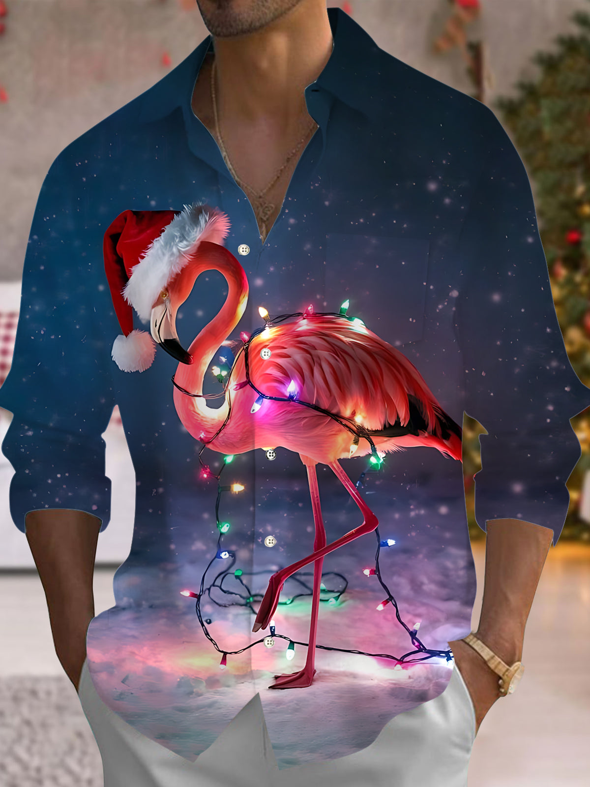 Christmas Flamingo Print Men's Pocket Long Sleeve Shirts