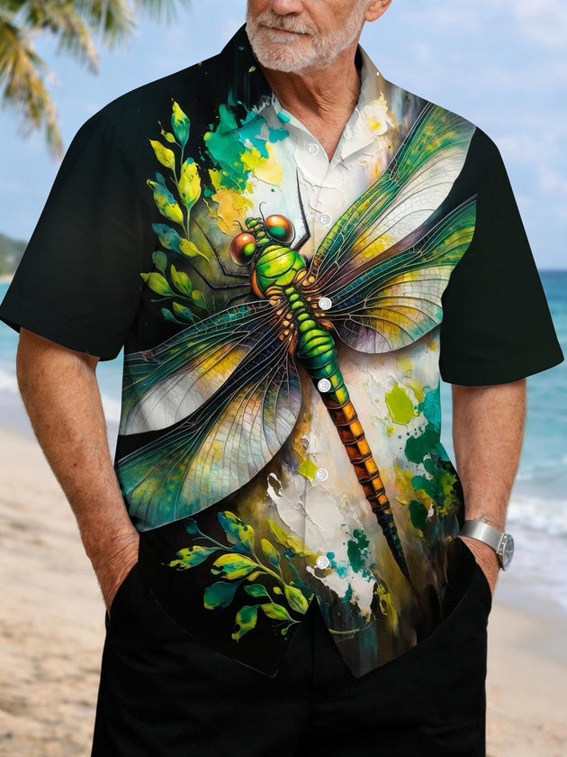 men's short sleeve dragonfly print pocket shirt front view