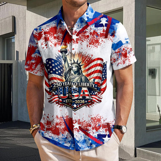 Men in red Hawaiian American flag short sleeve button up shirts enjoying a casual Independence Day gathering outdoors