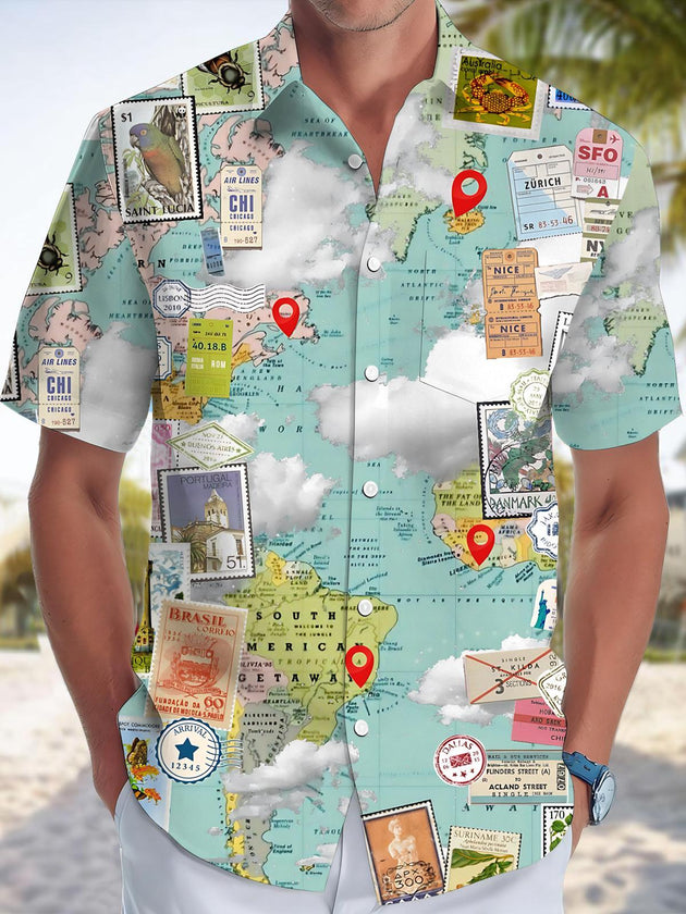 World Map Stamp Print Men's Pocket Short Sleeve Shirts