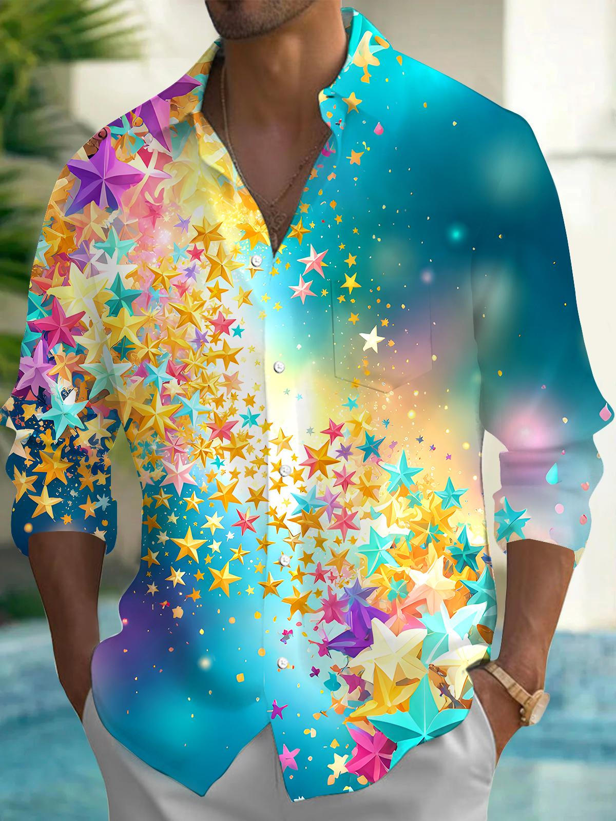 Tie Dye Star Men's Pocket Long Sleeve Shirts