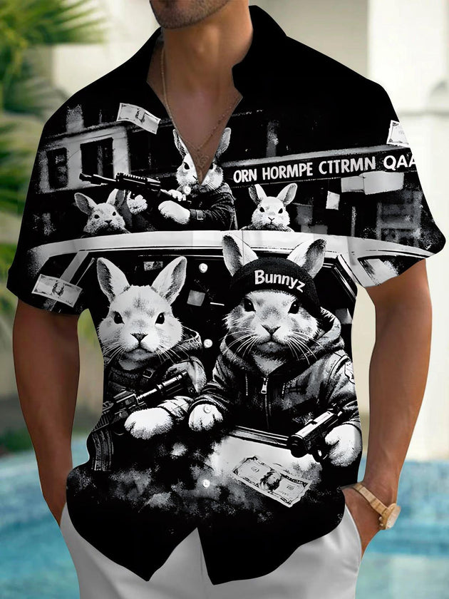 Men's Gangster Rabbit Print Short Sleeve Shirt Front View