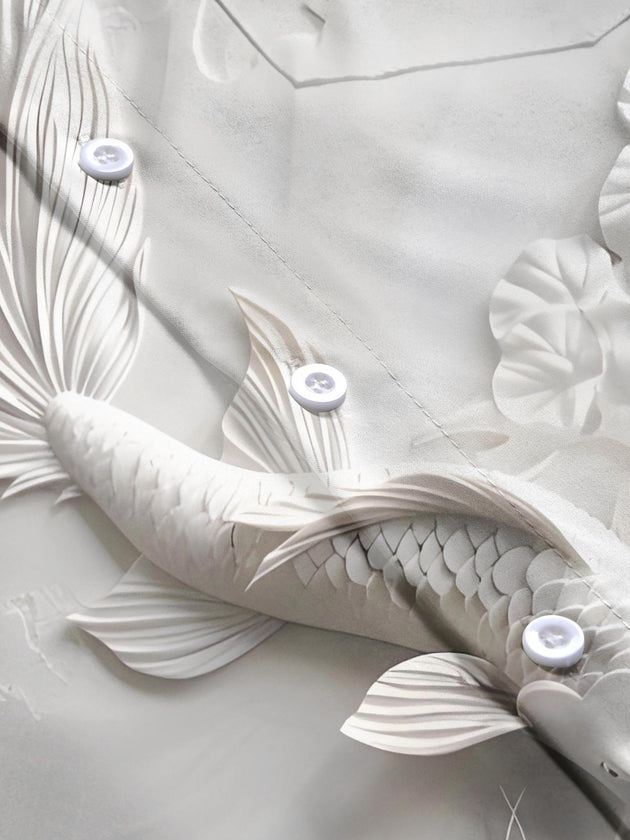 Men's fish flower art print pocket short sleeve shirt fabric detail close-up