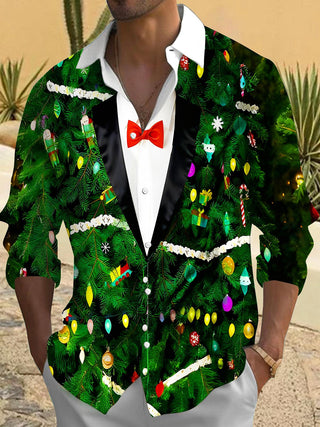 Men's Fun Christmas Tree Lights Bows Long Sleeve Shirt Front View Christmas Holiday Party