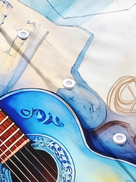 Watercolor Guitar Sheet Music Vacation Men's Pocket Short Sleeve Shirts