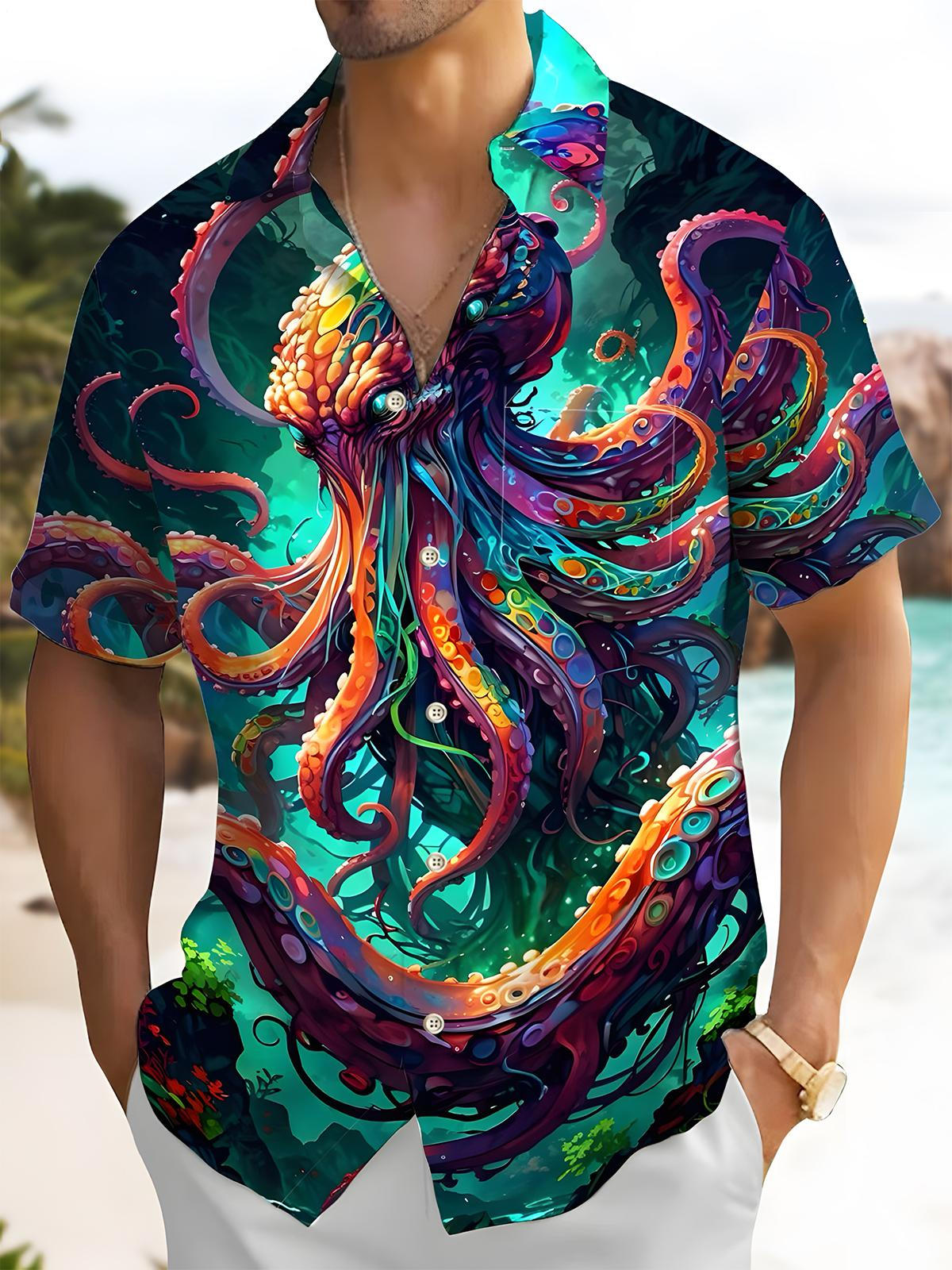 Octopus Art Print Men's Pocket Short Sleeve Shirts