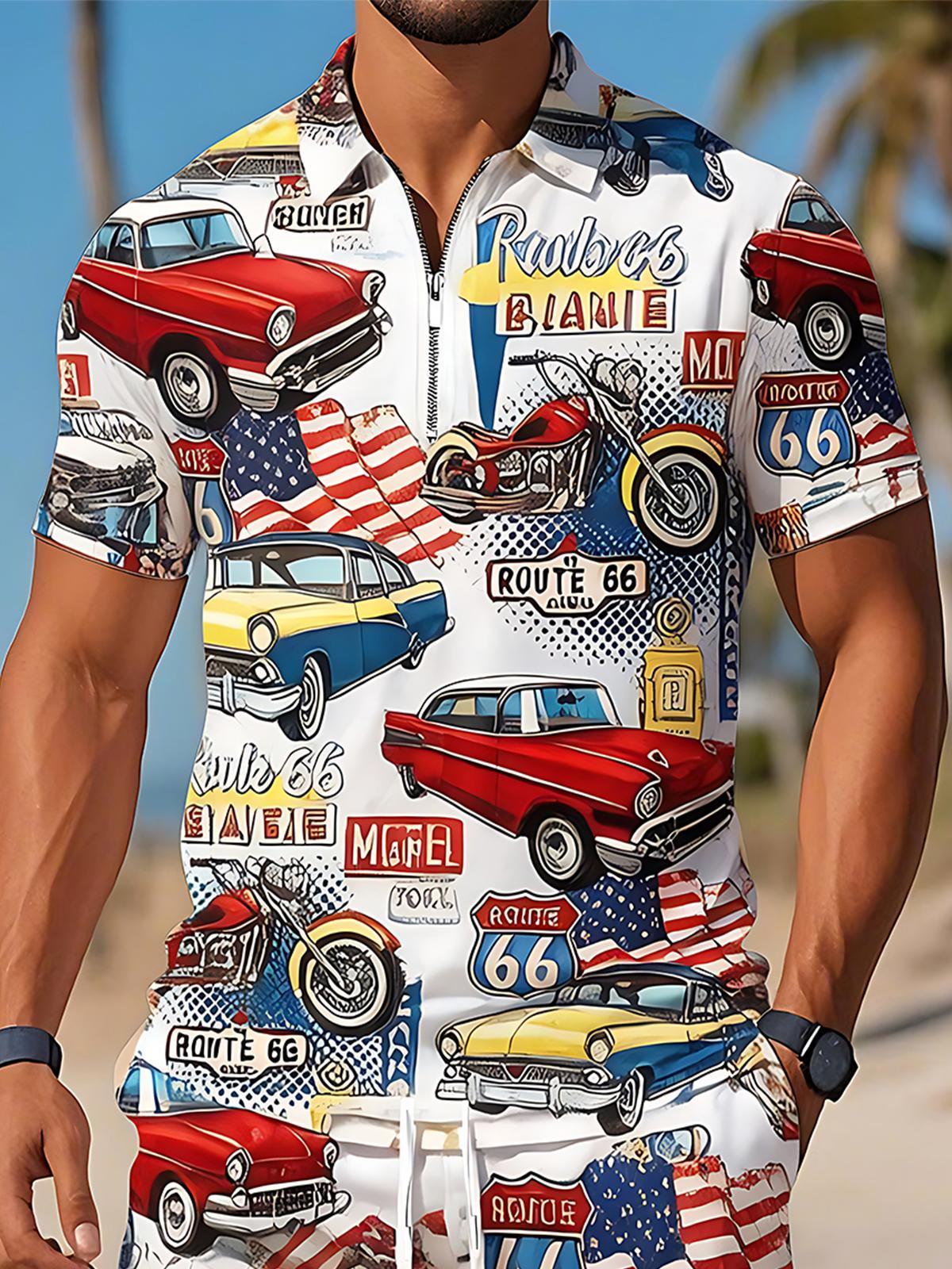 Independence Day Route 66 Vintage Classic Car American Motorcycle Men's Short Sleeve Zipper Polo