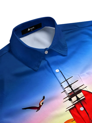 Men's blue ocean print Hawaiian short sleeve shirt side view
