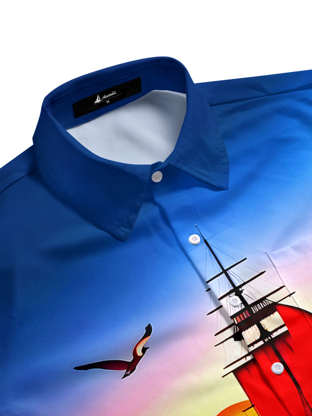 Men's blue ocean print Hawaiian short sleeve shirt side view