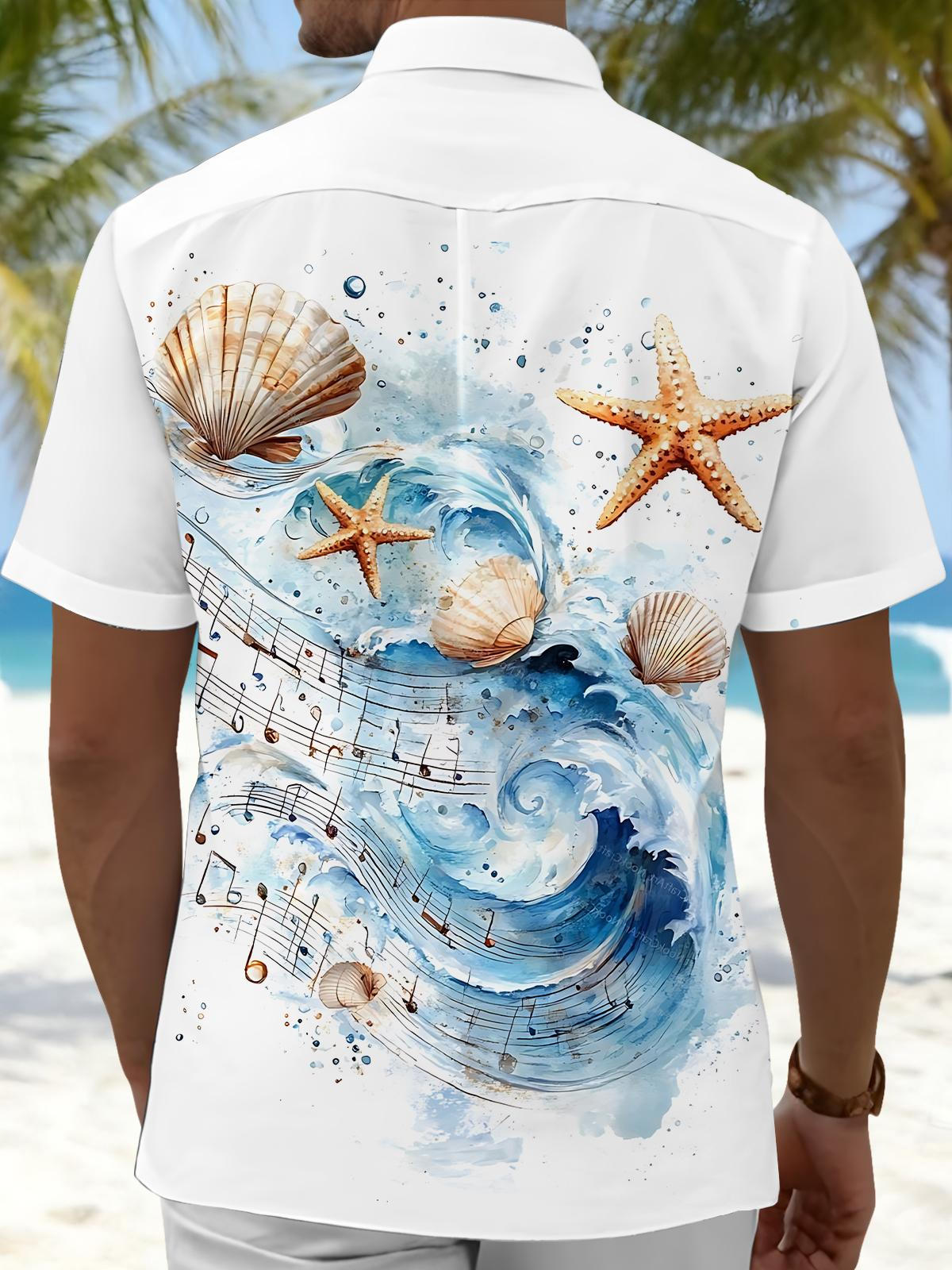 Ocean Shell Note Print Men's Pocket Short Sleeve Shirts