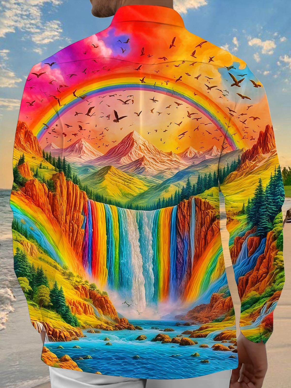 Rainbow Mountain Waterfall Birds Men's Pocket Long Sleeve Shirts