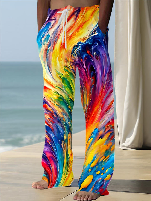 Men's abstract print tie dye casual elastic waist pants front view