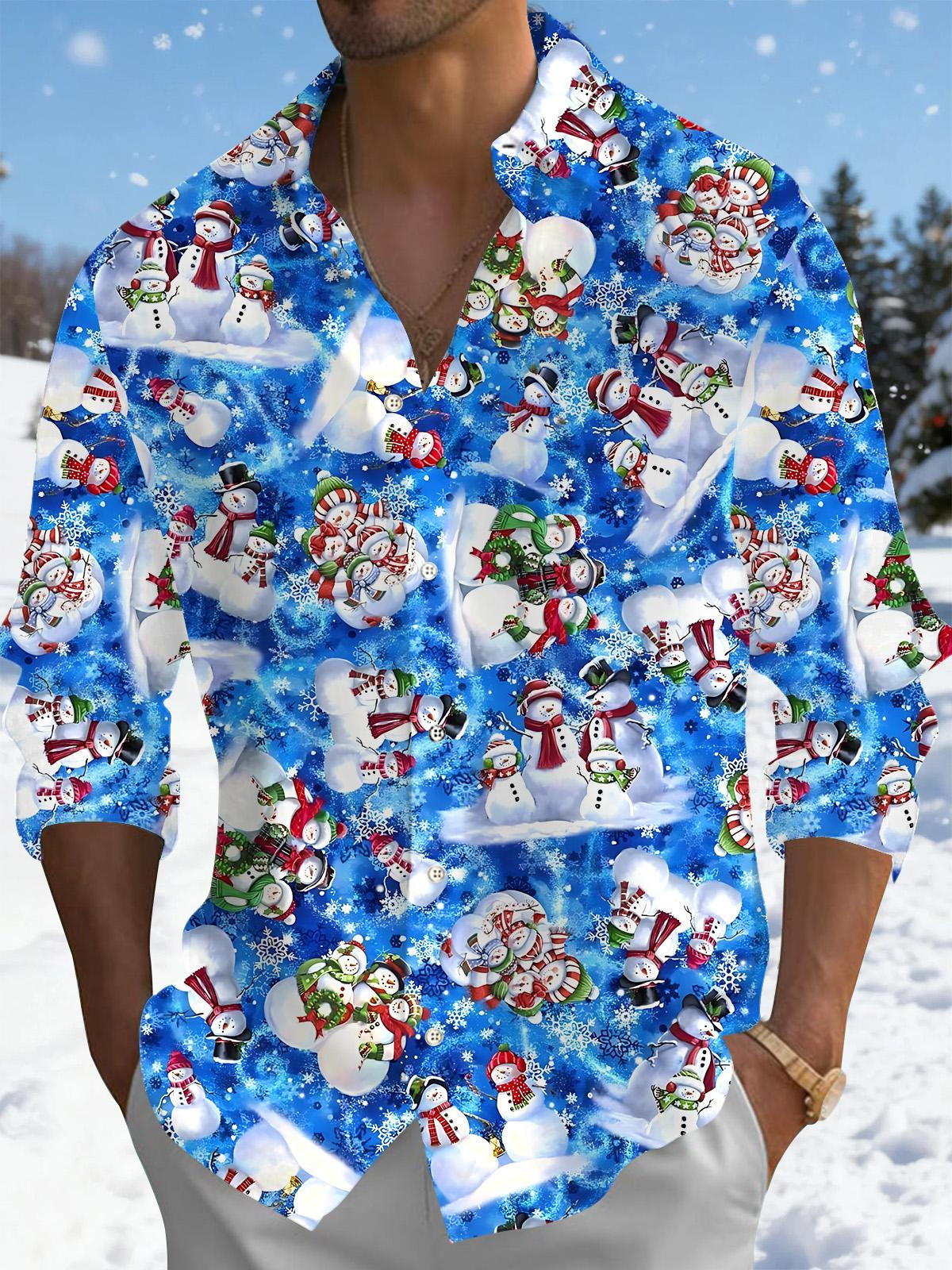 Winter Christmas Snowman Print Men's Pocket Long Sleeve Shirts