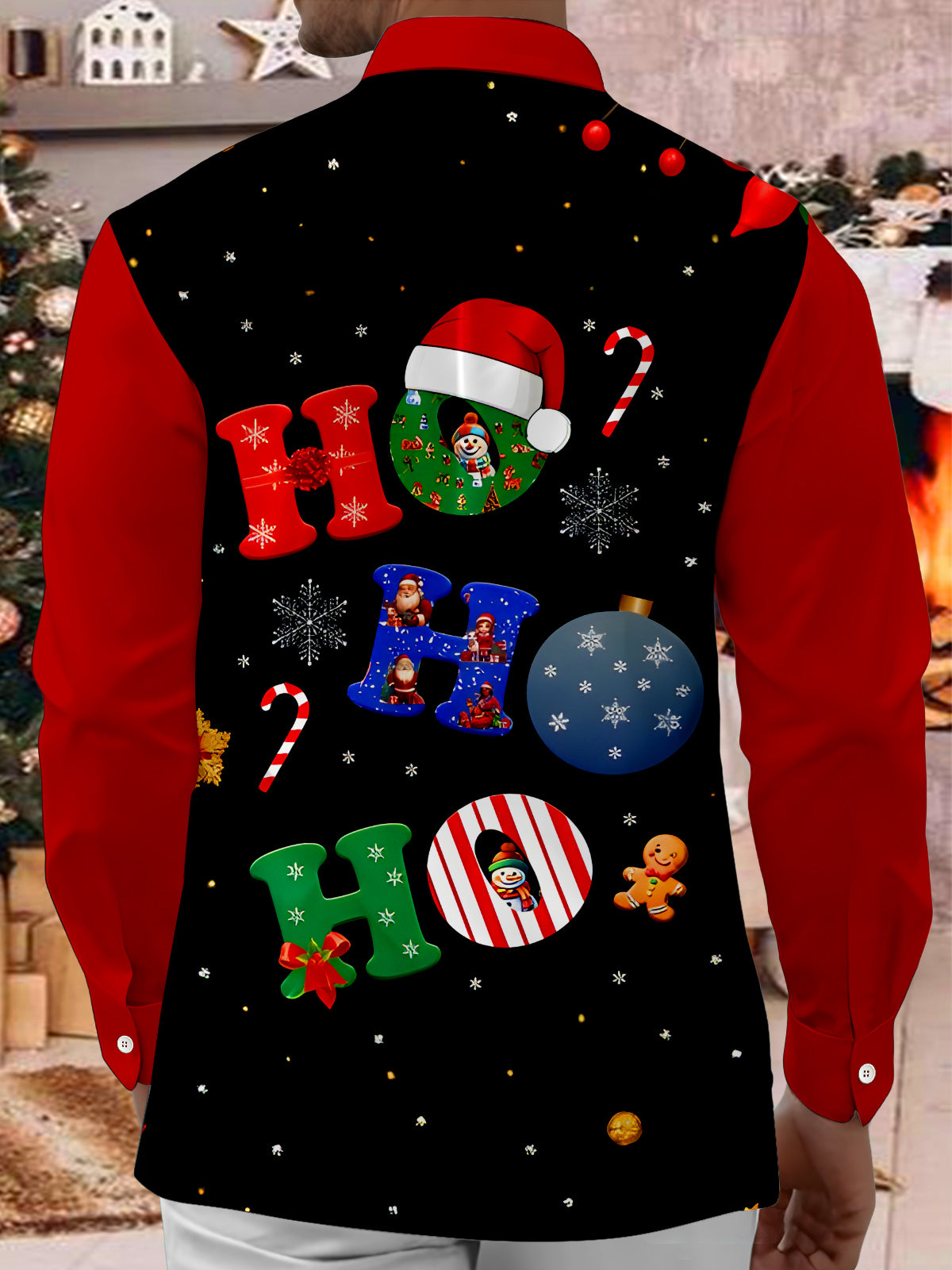 Fun Christmas Words Color Block Xmas Men's Pocket Long Sleeve Shirts