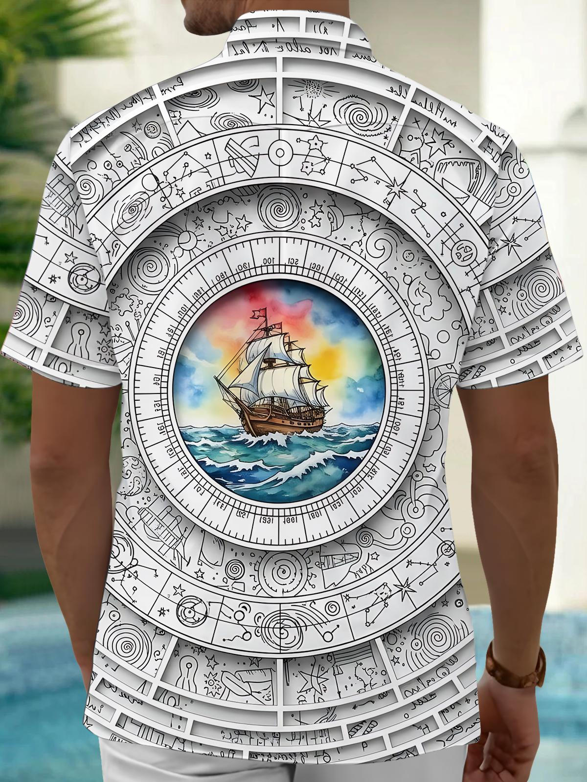 Sailboat Compass Print Men's Pocket Short Sleeve Shirts