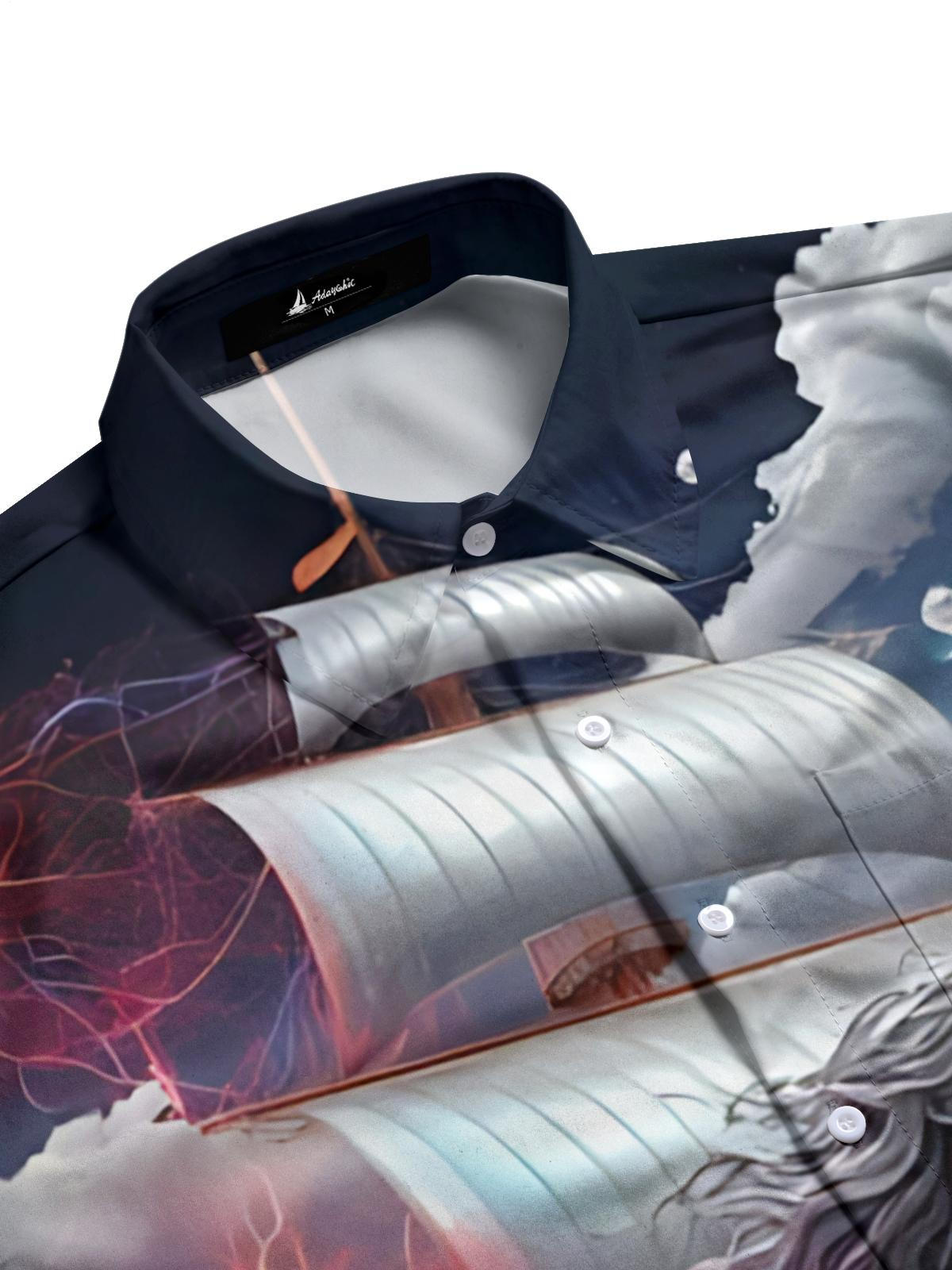 Ocean Mermaid Boat Print Men's Pocket Short Sleeve Shirts