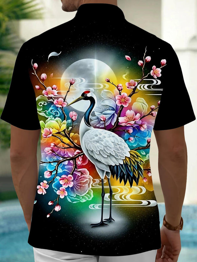 Men's crane sakura print back view short sleeve shirt