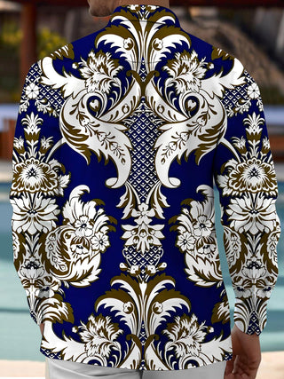 Men's floral long sleeve shirt, side view, full sleeve design with botanical print.