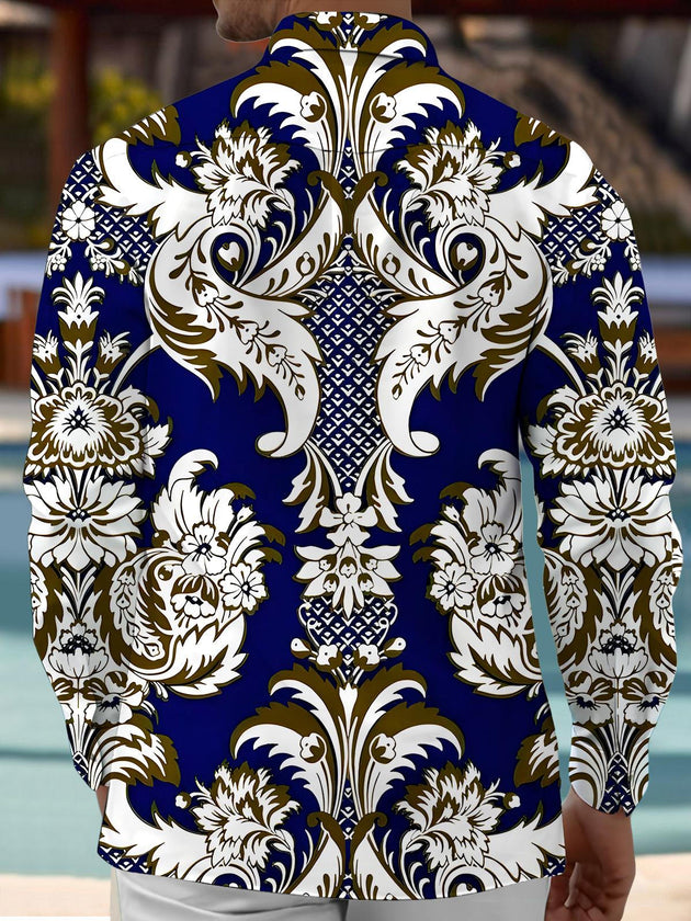 Men's floral long sleeve shirt, side view, full sleeve design with botanical print.