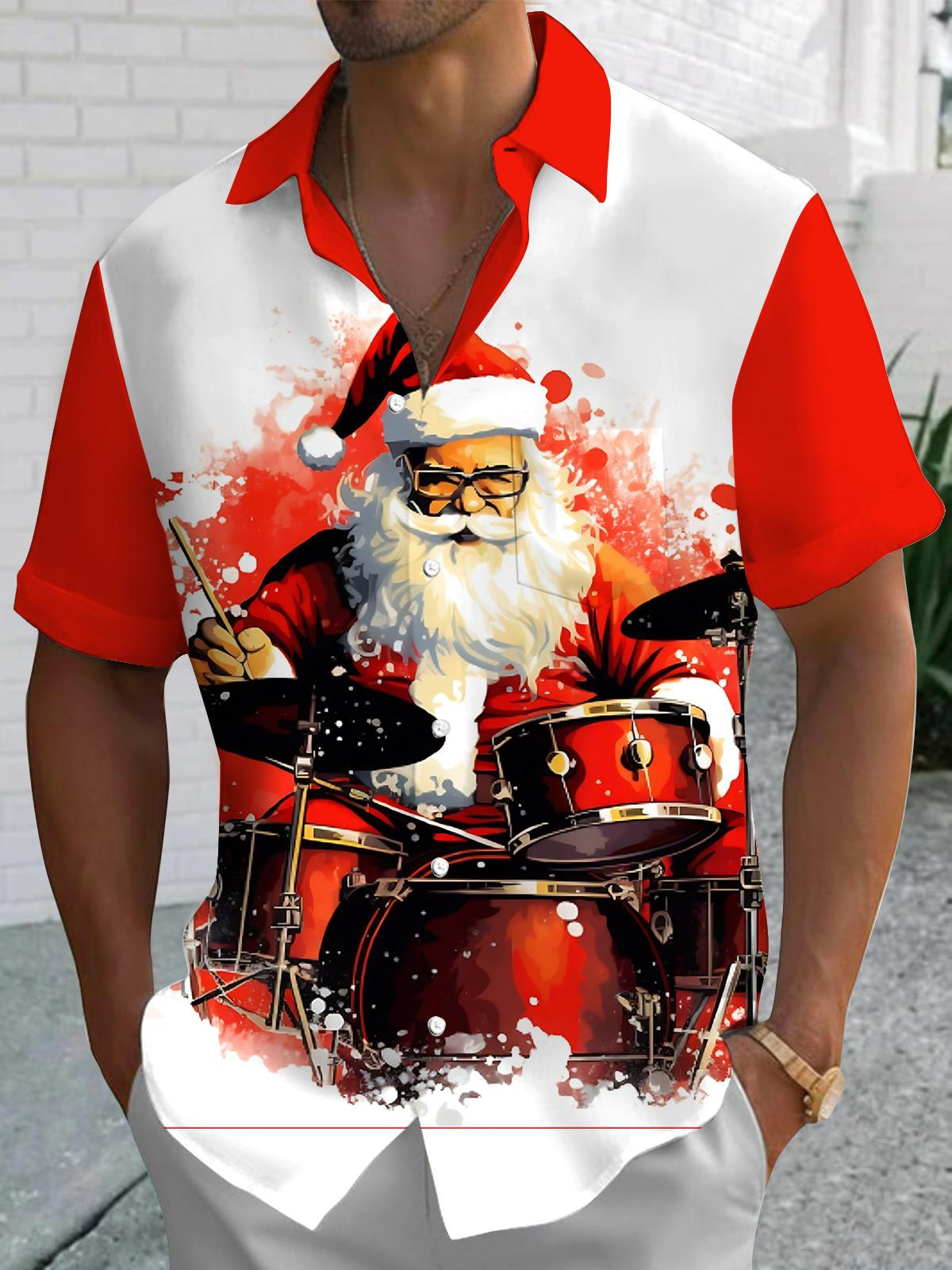 Santa Claus Drum Kit Print Men's Pocket Short Sleeve Shirts