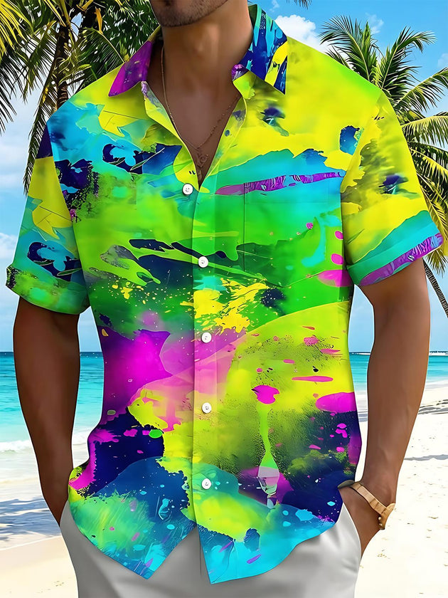 Neon Colorful Tie-Dye Watercolor Abstract Men's Pocket Short Sleeve Shirts