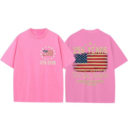 Men short sleeve American flag print graphic t-shirt lifestyle three-quarter view for Independence Day