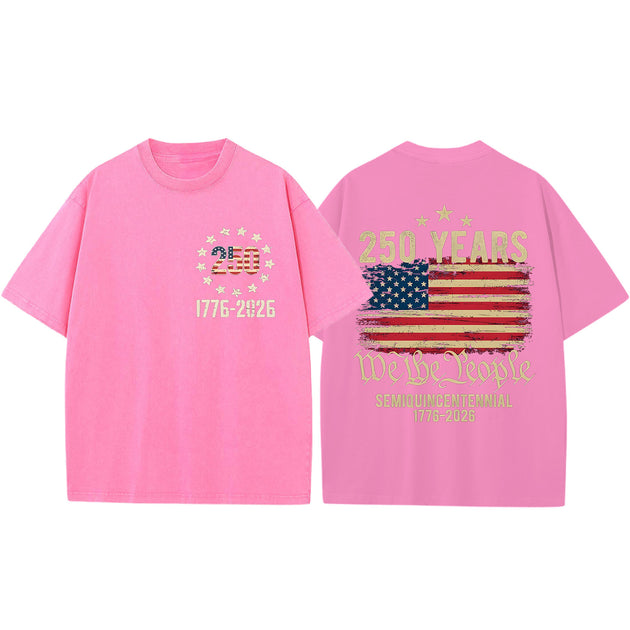 Men short sleeve American flag print graphic t-shirt lifestyle three-quarter view for Independence Day