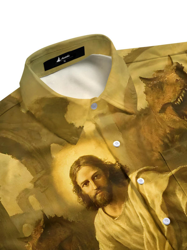 men's prehistoric pattern shirt side view