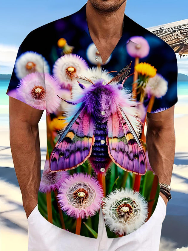 Dandelion And Colorful Moth Art Insect Plant Men's Pocket Short Sleeve Shirts