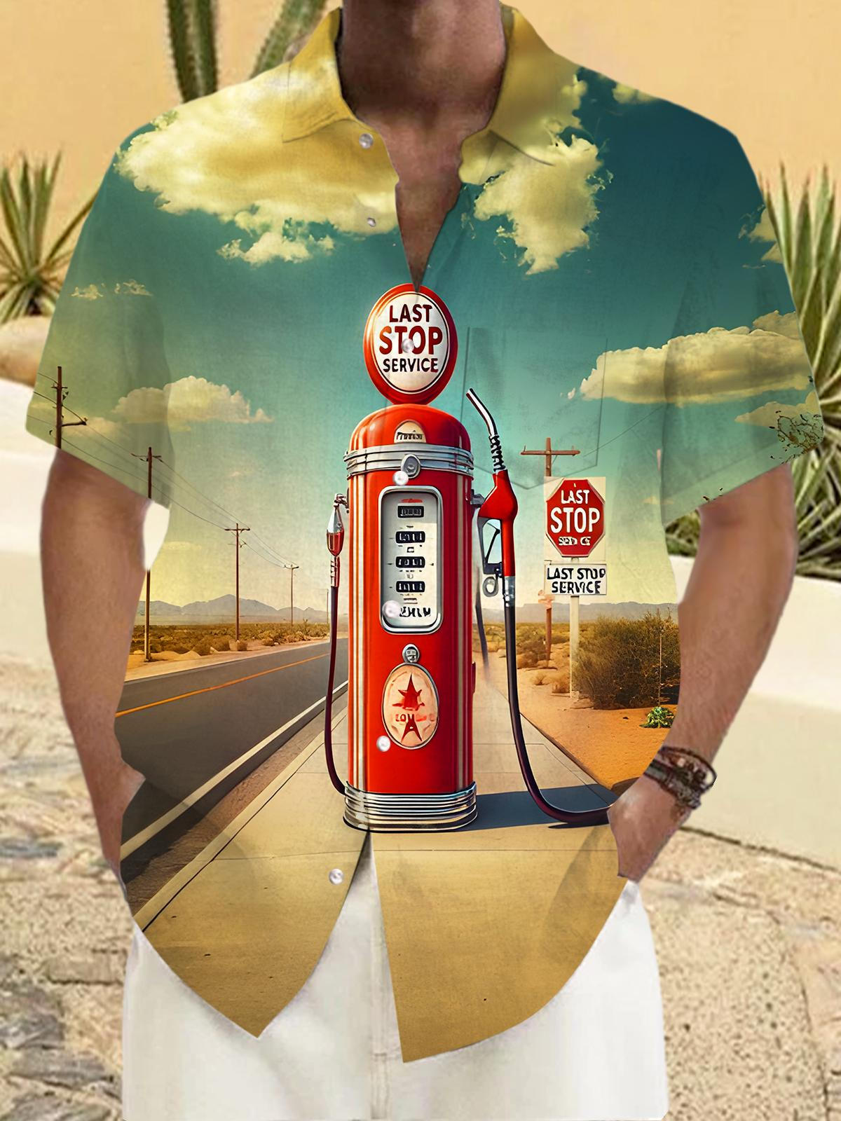 Retro Roadside Gas Station Men's Pocket Short Sleeve Shirts