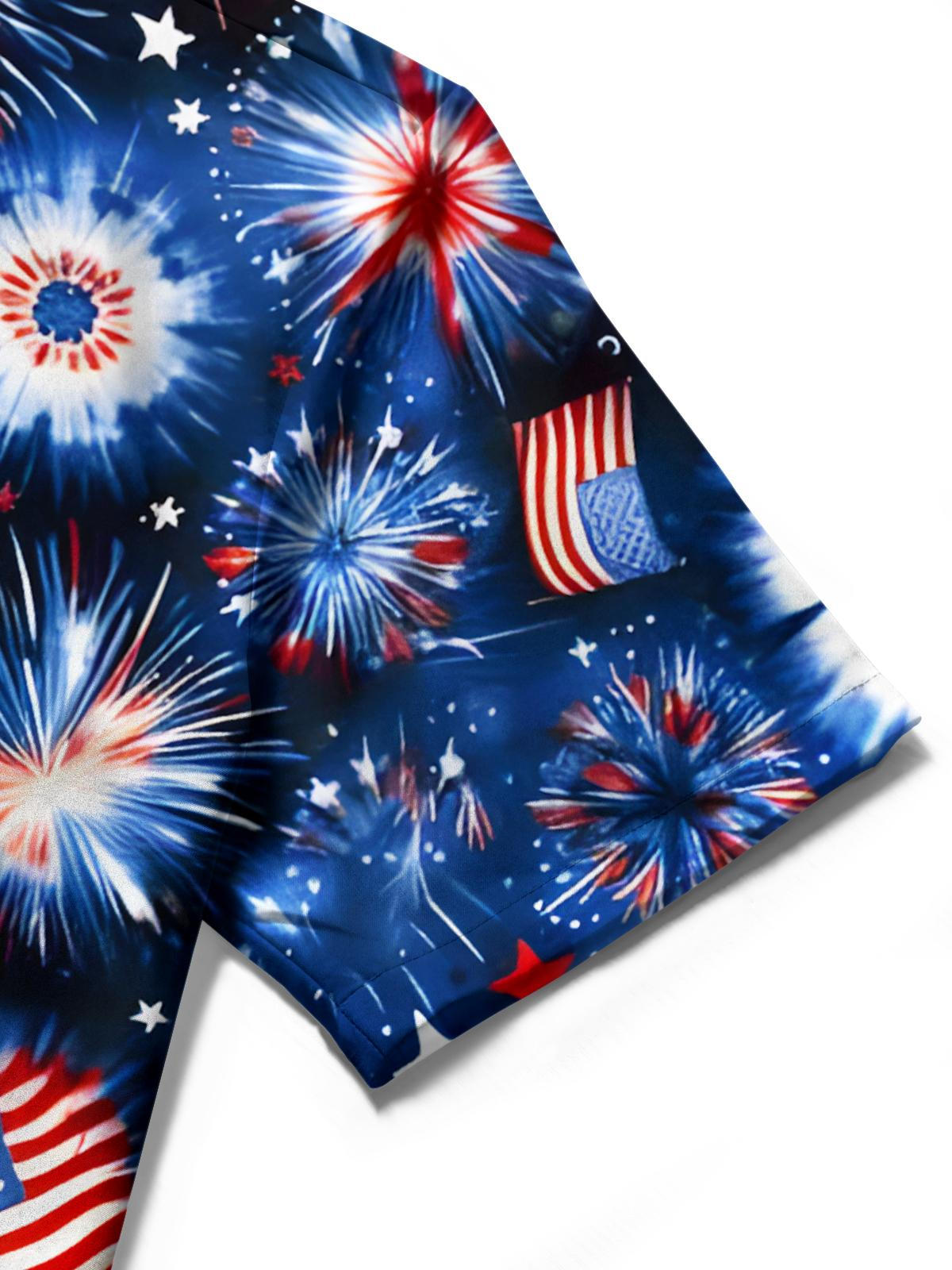 Independence Day Fireworks Print Men's Pocket Short Sleeve Shirts