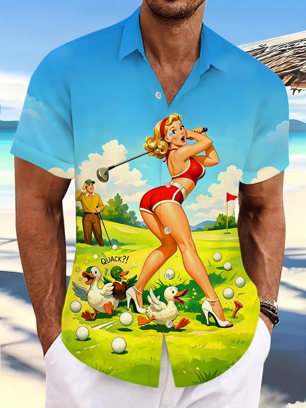 Retro Golf Girl Funny Men's Pocket Short Sleeve Shirts