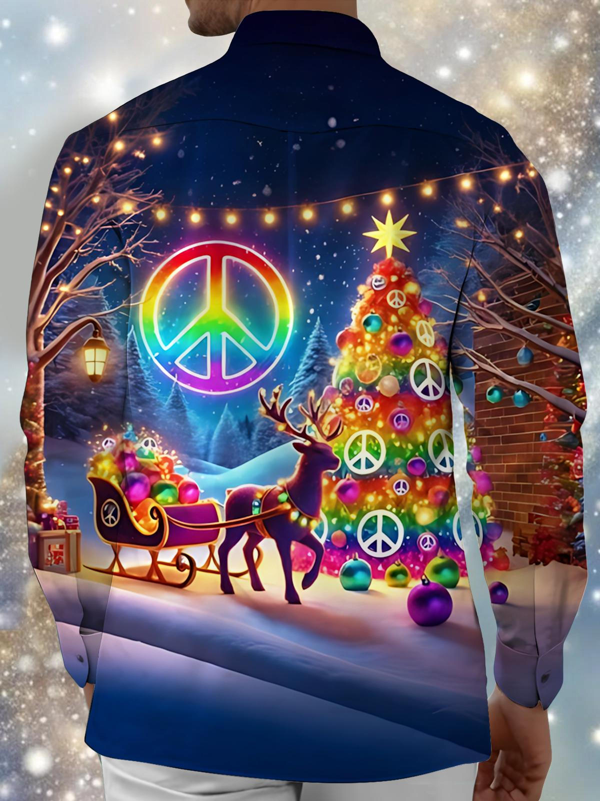 Peace Sign Christmas Tree Print Men's Pocket Long Sleeve Shirts