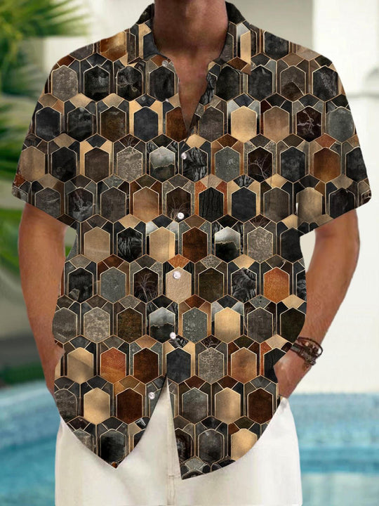 Men's vintage style geometric short sleeve shirt front view