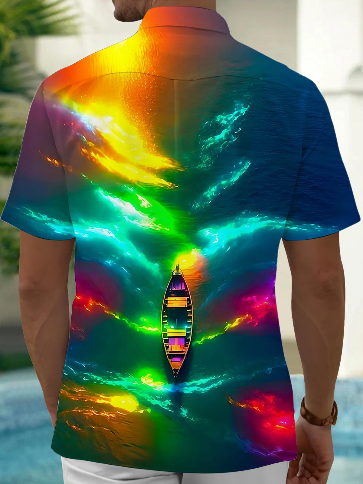 Hawaiian Tie Dye Boat Men's Pocket Short Sleeve Shirts
