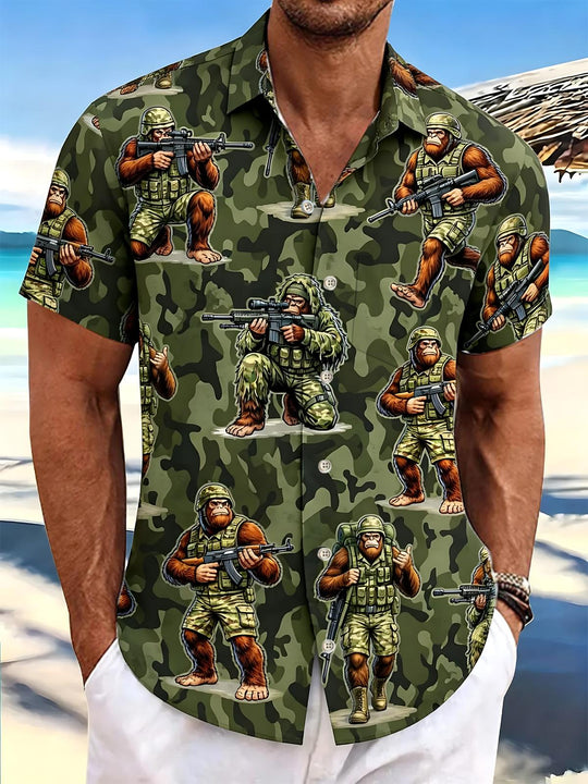 Army Bigfoot Hawaiian Print Men's Pocket Short Sleeve Shirts