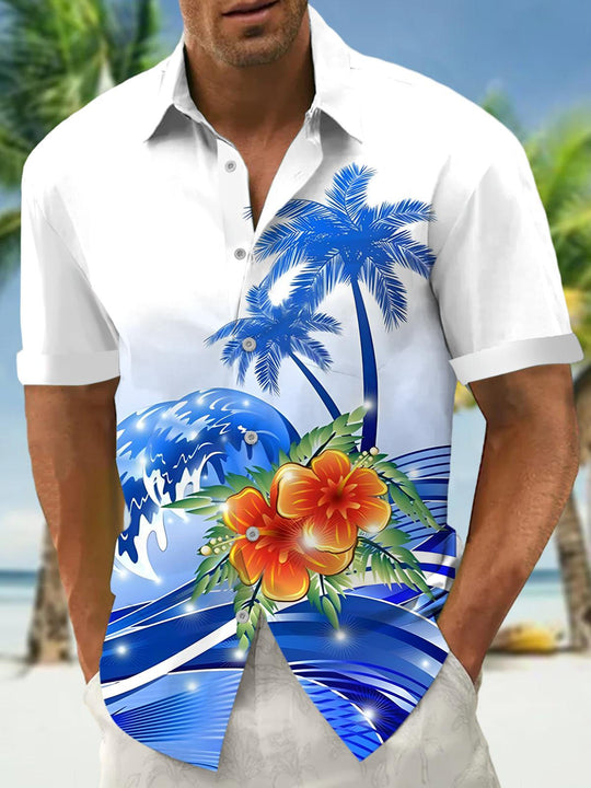 Men's Hawaiian floral palm tree print pocket short sleeve shirt front view for tropical beach vacation
