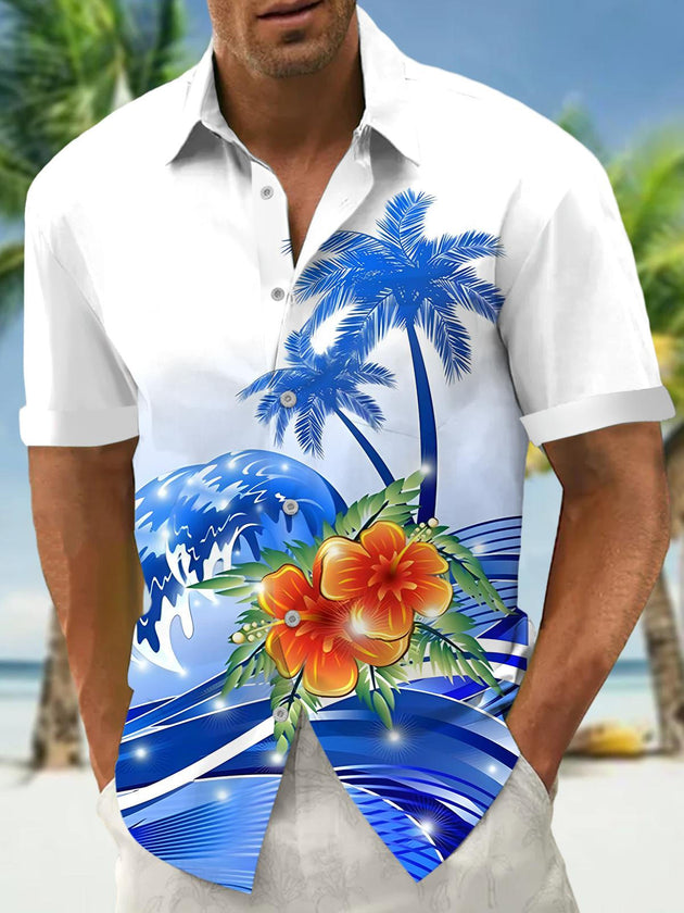 Men's Hawaiian floral palm tree print pocket short sleeve shirt front view for tropical beach vacation